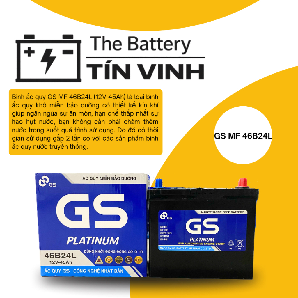 Bình ắc quy GS MF 46B24L (12V-45Ah) bình ắc quy khô miễn bảo dưỡng.