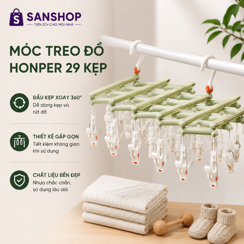 Móc Chùm Phơi Đồ Gấp Gọn 29 Kẹp Đa Năng Bằng Nhựa PP Cao Cấp Cho Mẹ Và Bé Đồ Lót Tất Khăn Sanshop