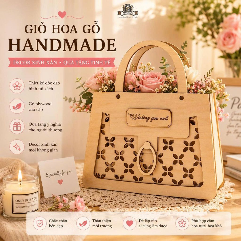Giỏ gỗ plywood hình túi xách cắm hoa — ảnh listing minh họa
