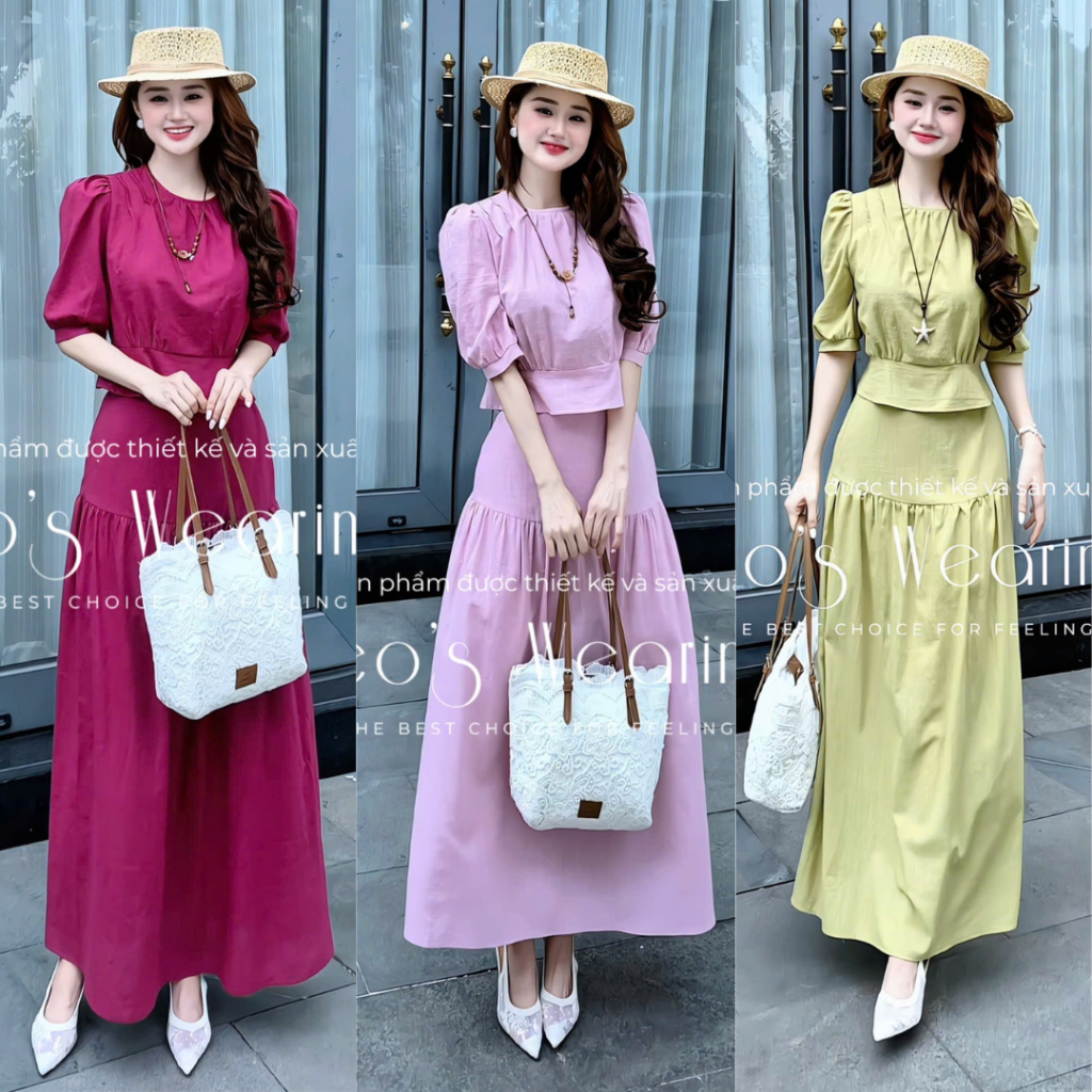 Sét Váy Linen Cotton Xô LEOSWEARING Cổ Tròn Tay Phồng Phối Chân Váy Tầng G333