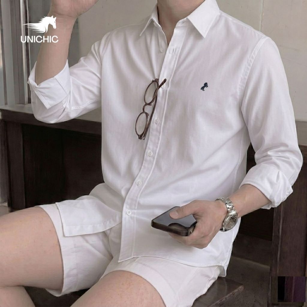 Áo Sơ Mi Nam Tay Dài Màu Trắng Thêu Ngựa Mã Đáo Thành Công Vải LINEN & OXFORD Premium Thấm Hút Cực T