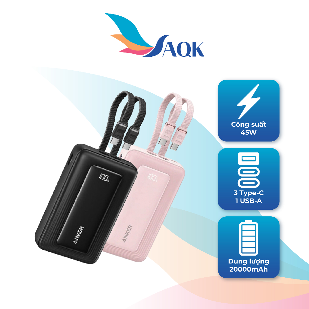 Sạc dự phòng Anker Zolo Power Bank 1USB 1Type-C 45W 20000mAh A110M - Hàng chính hãng