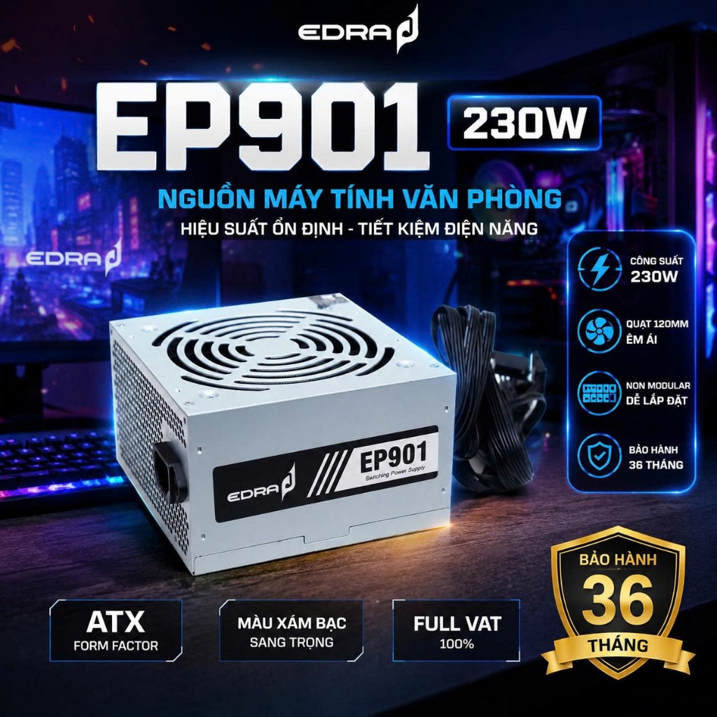 Nguồn máy tính Văn Phòng E-Dra EP901 230W - Xám Bạc | Non Modular, ATX Chính Hãng | FULL VAT | BẢO H