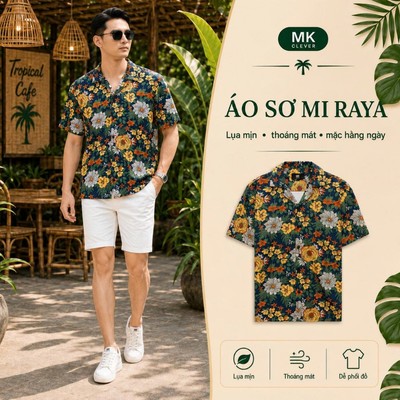 Áo Sơ Mi Cuban nam Raya MK CLEVER Chất lụa mềm mịn, thoáng mát, chống nhăn, form rộng mặc hằng ngày