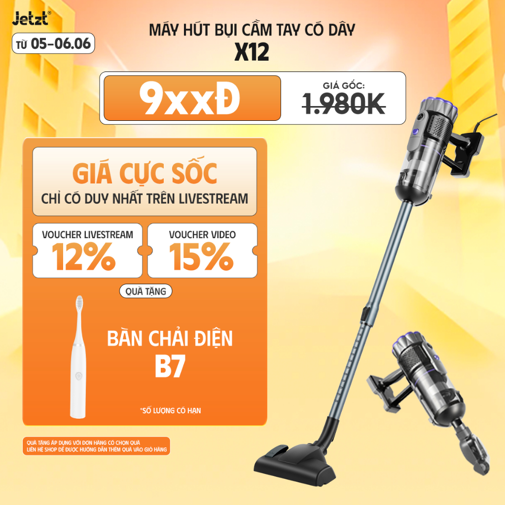 Máy hút bụi cầm tay JETZT X12 Lực hút mạnh mẽ 21000PA, Nhiều đầu hút đa năng