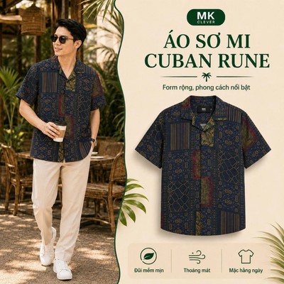 Áo Sơ Mi Cuban nam Rune MKCLEVER chất đũi thô mềm mịn, thoáng mát, thấm hút, chống nhăn, form rộng mặc hằng ngày