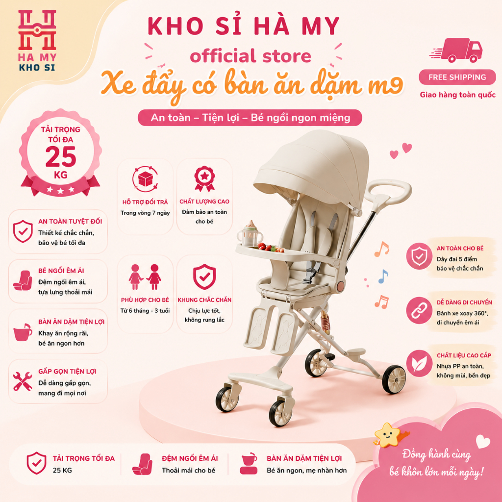 Xe đẩy M9 2025 phiên bản nâng cấp có bàn ăn dặm cho bé Kho Sỉ Hà My