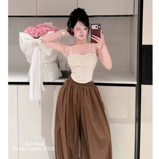 Set đồ nữ sang chảnh tiểu thư áo ren 2 dây dáng ngắn phối quần dài ống rộng thiết kế đi chơi đi biển du lịch LEVAN Rose