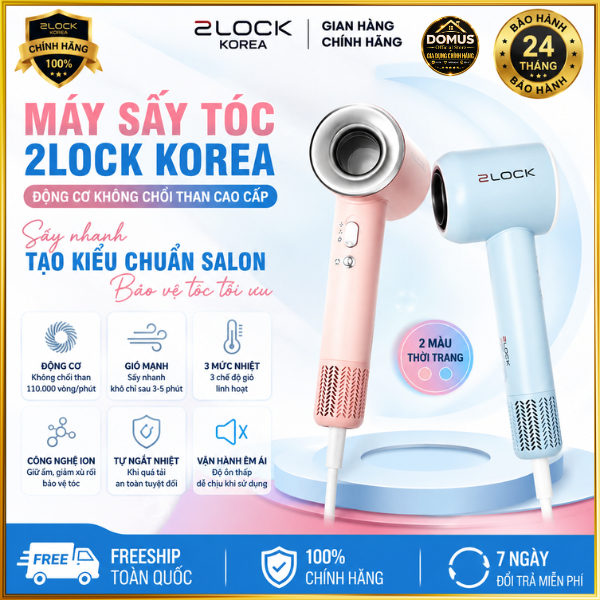 Máy Sấy Tóc 2Lock Korea Cao Cấp, Động Cơ Không Chổi Than, Êm Ái, Giảm Xơ Rối