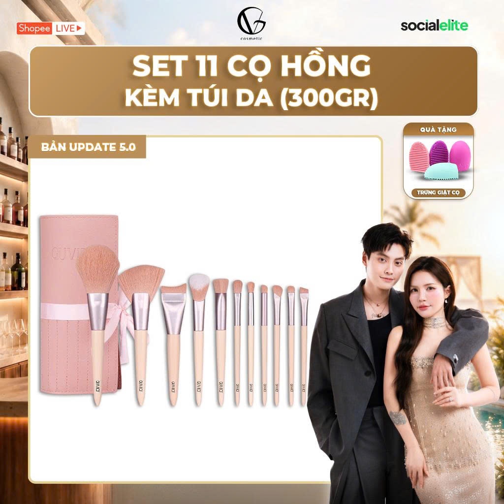 [KOL] Bộ Cọ Trang Điểm Cá Nhân GUVIET 11 Cây Màu Hồng Kèm Túi Da Đựng Cùng Màu 300gr | BigBuy360 - bigbuy360.vn