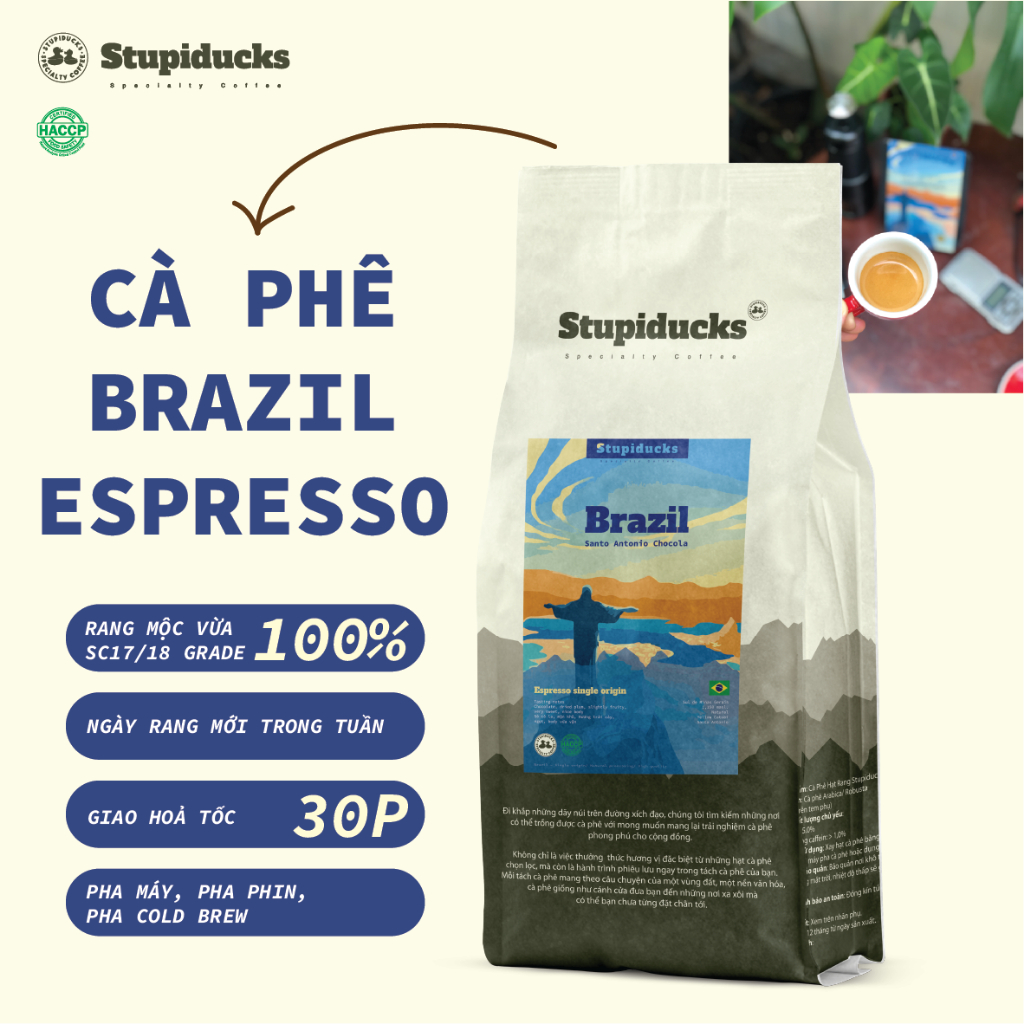 Stupiducks Đà Lạt - ( Túi lớn) Cà phê Brazil Arabica rang đậm vừa Espresso ngọt hậu
