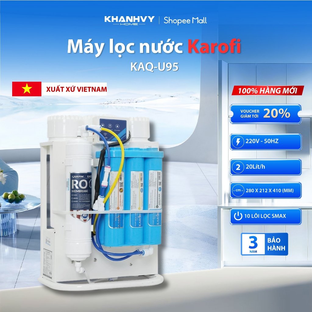 Máy Lọc Nước RO Karofi KAQ-U95 - 10 Lõi - Aiotec Kết Nối App - Màng RO Mỹ 100 GPD - Uống Trực Tiếp |