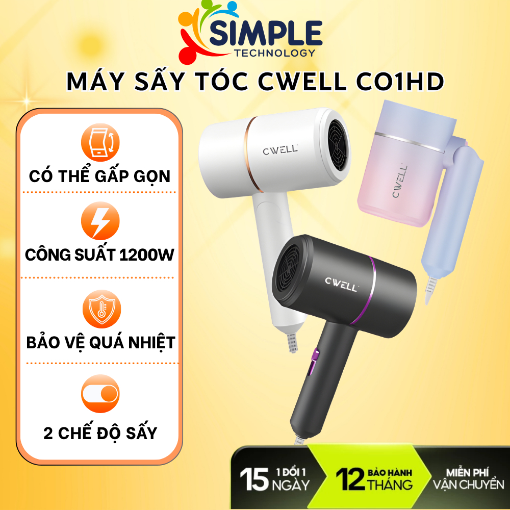 Máy Sấy Tóc Mini Gấp Gọn CWELL C01HD  1200W Nóng Lạnh, Sấy Nhanh, Bảo Vệ Tóc Ion Xanh, Máy Sấy Du Lị