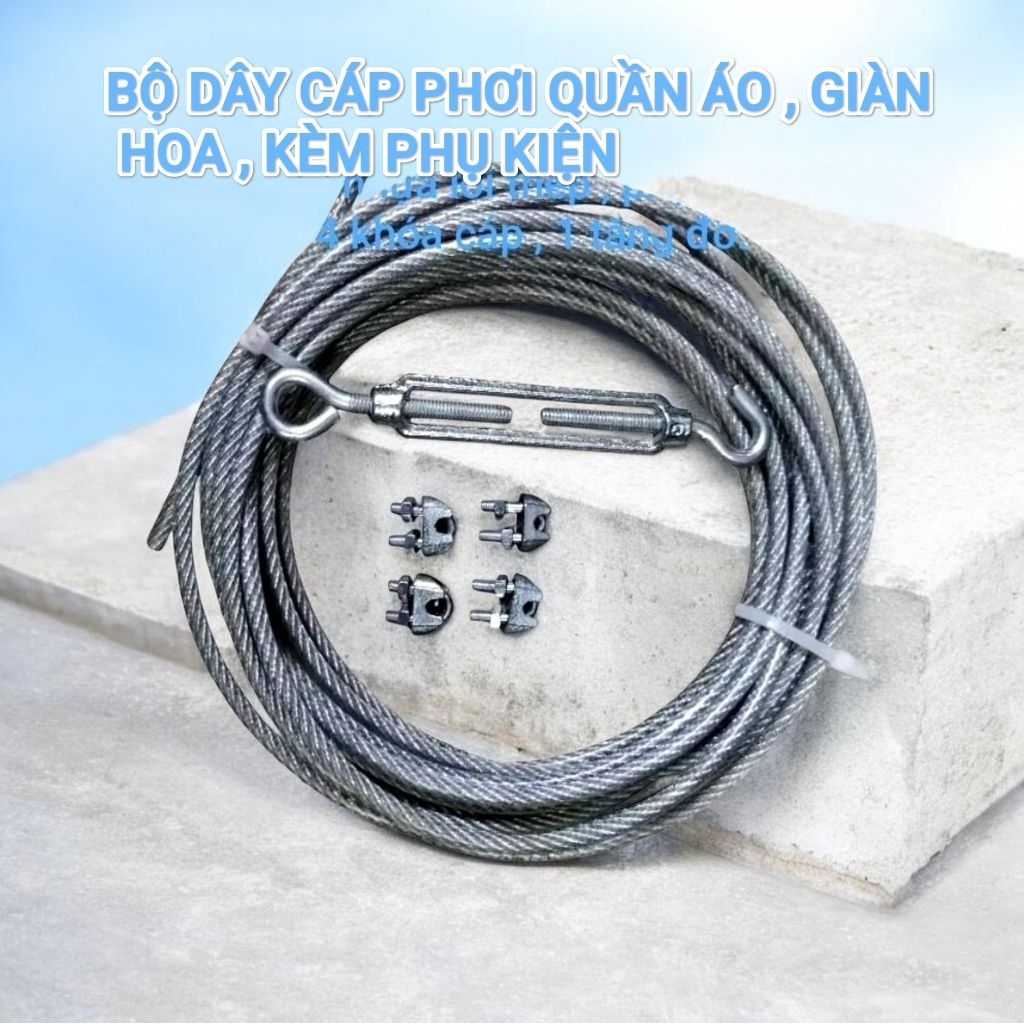 Bộ dây phơi đồ cáp thép bọc nhựa kèm phụ kiện 4ly , 5ly , căng dây phơi , giàn hoa , chằng néo.
