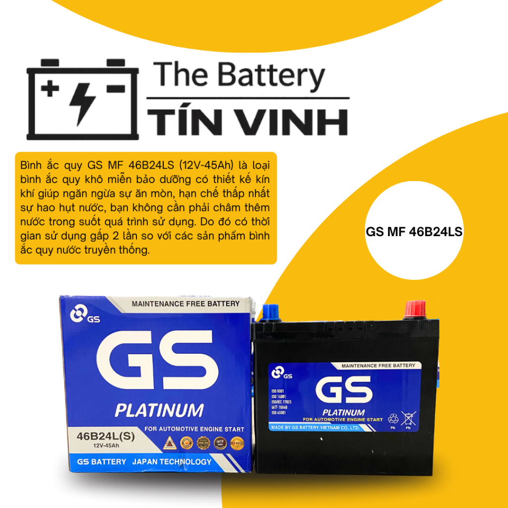 Bình ắc quy GS MF 46B24LS (12V-45Ah) - 238 x 129 x 227 (mm)