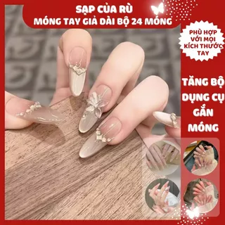 móng kỷ yếu  Móng Tay Giả DÀI NHỌN Đính Đá tinh tế Hộp 24 Nail Box + Tặng Kèm 5 Phụ Kiện
