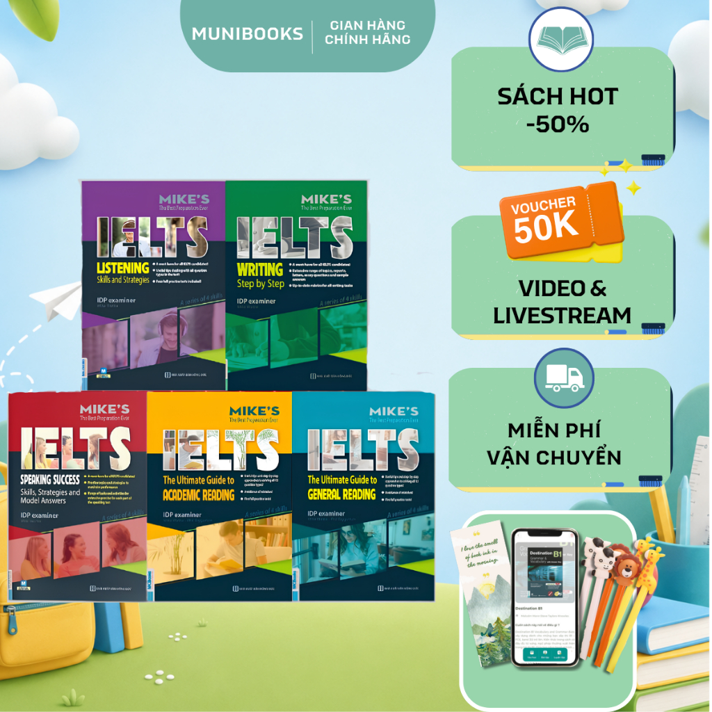 Sách - Combo Ielts Mike's (Beginner, Writing, Reading, Speaking, Listening) - MCBooks