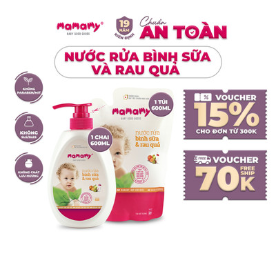 Nước rửa bình sữa Mamamy an toàn cho bé, rửa được rau củ quả thành phần thiên nhiên, an toàn chai/túi 600ml