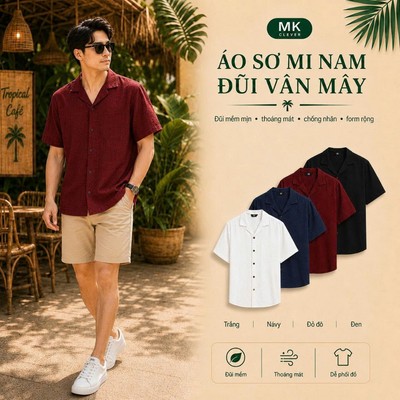 Áo sơ mi nam đũi vân mây MK CLEVER Chất liệu đũi mềm mịn thoáng mát, chống nhăn, form rộng hằng ngày