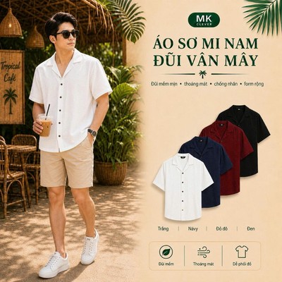 Áo sơ mi nam ngắn tay MKCLEVER Chất vải đũi vân mây mát mẻ, lịch sự và thoải mái tối đa, chống nhăn, form dáng chuẩn