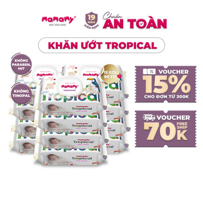 [Combo 12] Khăn ướt cao cấp cho bé Mamamy Tropical gói 90 tờ 100% sợi tự nhiên và rayon ngừa hăm, mềm dai sạch cực