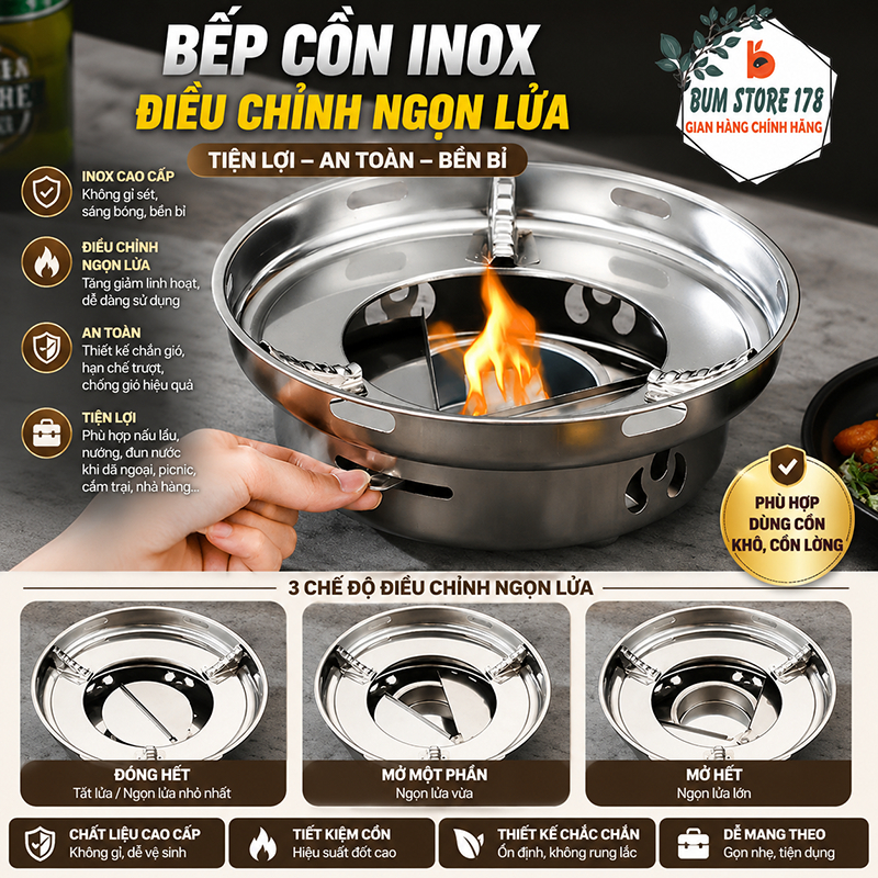 Bếp Cồn Inox Điều Chỉnh Ngọn Lửa, Bếp Nấu Lẩu Dùng Cồn Khô Cồn Lỏng Tiện Lợi Cho Gia Đình Quán Ăn