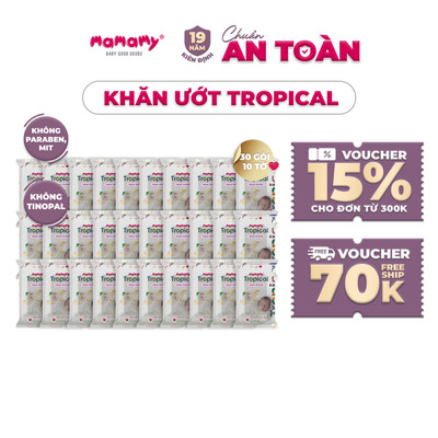 Khăn ướt cao cấp cho bé Mamamy Tropical gói mini 10 tờ 100% sợi tự nhiên và rayon ngừa hăm, mềm dai sạch cực