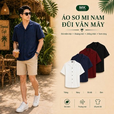 Áo sơ mi đũi ngắn tay cho nam MKCLEVER vải đũi vân mây, mát mẻ, lịch sự và thoải mái tối đa, chống nhăn, form dáng chuẩn