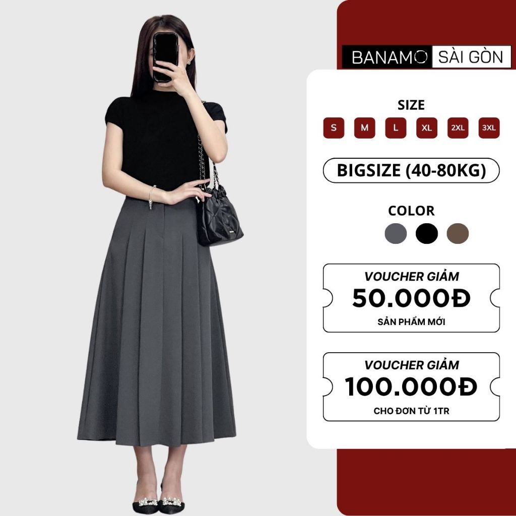 Chân váy nữ bigsize Banamo Sài Gòn chân váy xếp ly dáng dài cạp cao 531