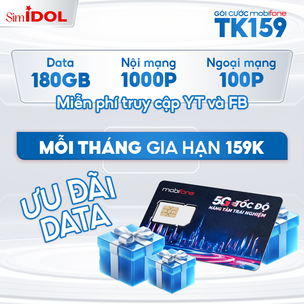 Sim MOBIFONE - Sóng 4G/5G - Gói TK159 - 6GB/Ngày (180GB/Tháng) - Miễn Phí YT và FB - Gọi Thả Ga