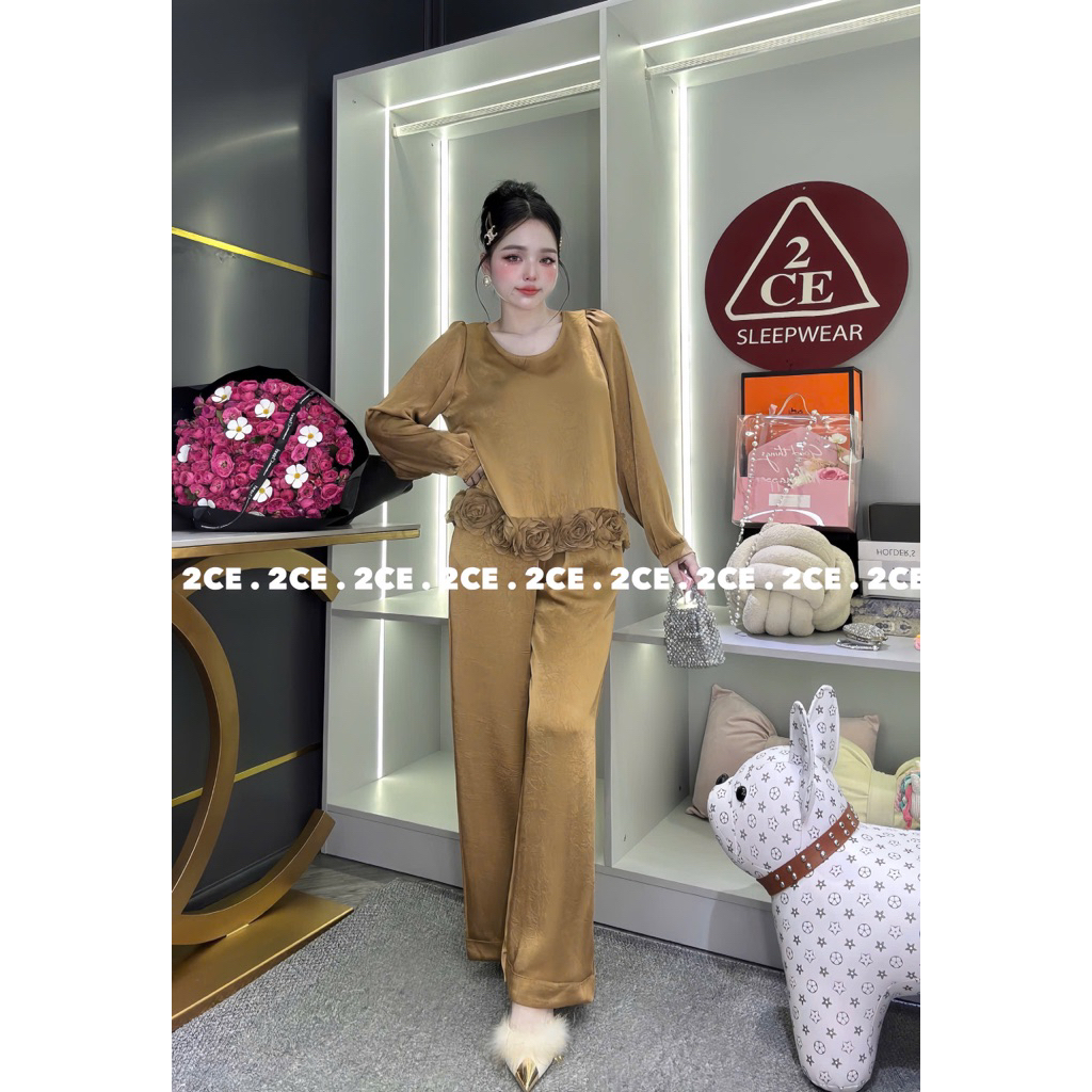 VÂN GỖ CỔ TRÒN 40-57kg Bộ piyama PHOM NHỎ tiểu thư phối ren Hoa sang mềm mịn cho nữ