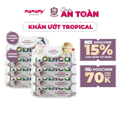 Combo 8 gói khăn ướt cao cấp cho bé Mamamy Tropical gói 60 tờ 100% sợi tự nhiên và rayon ngừa hăm, mềm dai sạch cực