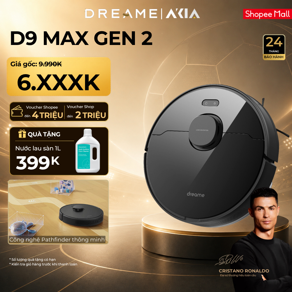 Dreame D9 Max Gen 2 - Robot hút bụi lau nhà màu đen, kích thước 350x350x96.8mm, dung lượng hộp chứa bụi 0.57L