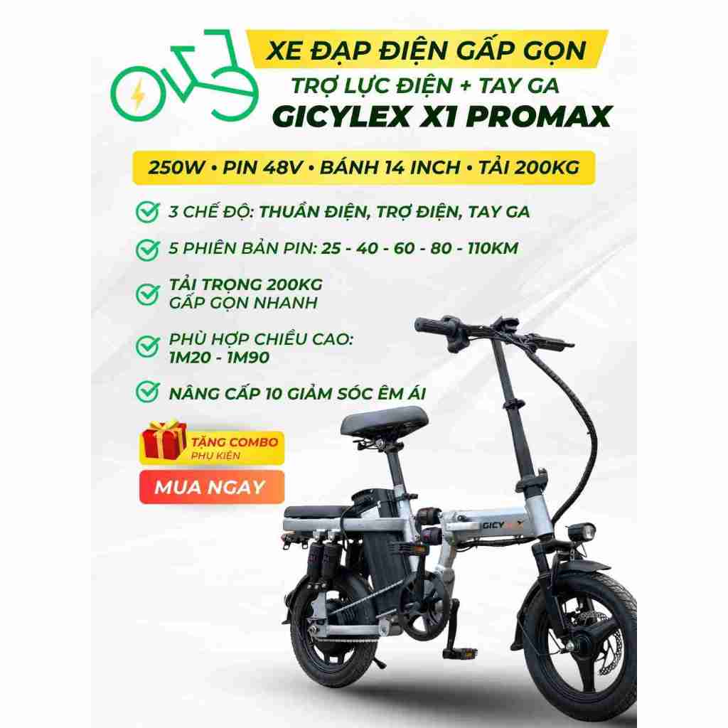 Xe đạp điện trợ lực gấp gọn bỏ cốp tiện lợi GICYLEX X1 PROMAX 10 giảm sóc tích hợp Smartkey