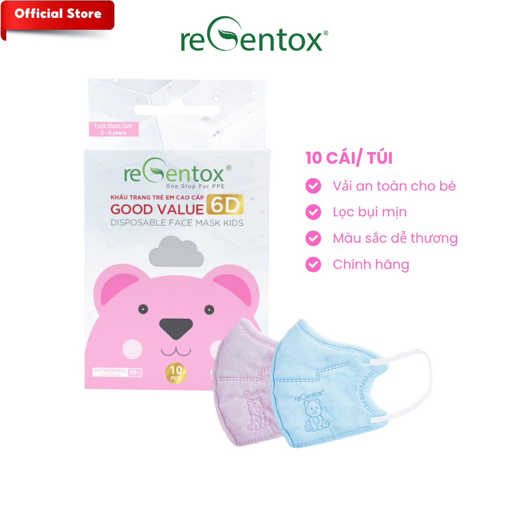 Khẩu Trang 6D Trẻ Em Táo Gấu Goodvalue Regentox-KT001 Kháng Khuẩn Cho Bé 0-6 Tuổi Mềm Mịn Ôm Mặt Hộp