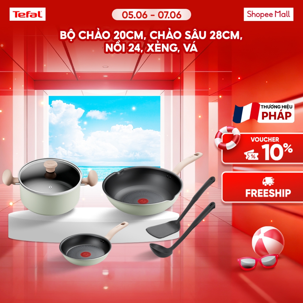 Bộ 5 nồi chảo chống dính đáy từ Tefal So Matcha 20cm, chảo sâu 28cm, nồi 24, xẻng, vá