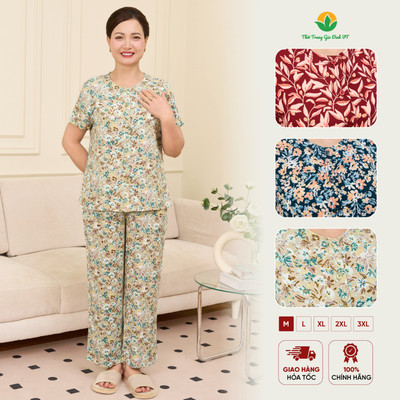 Đồ bộ lanh trung niên mặc nhà mùa hè Việt Thắng,quần dài áo cộc tay mở khuy B08.5008