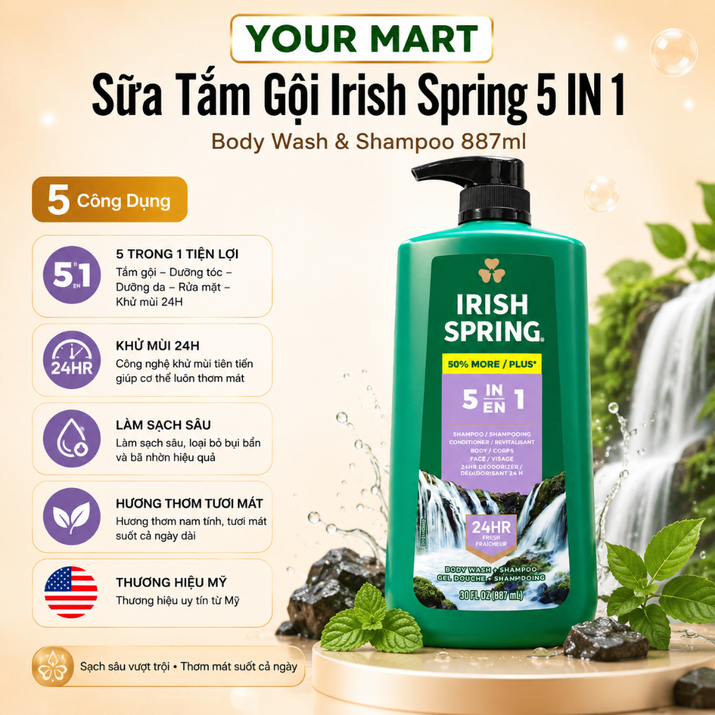 Sữa tắm Irish Spring 5 in 1 Body Wash & Shampoo 591ml Hàng Nhập Mỹ