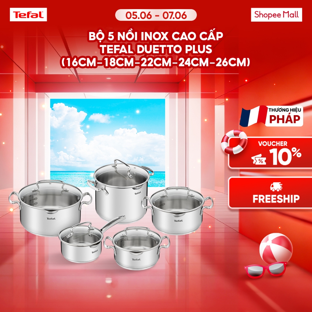 Bộ 5 nồi Inox cao cấp Tefal Duetto Plus (quánh 16cm, nồi hầm 18/20/24 cm, nồi luộc gà 22cm)