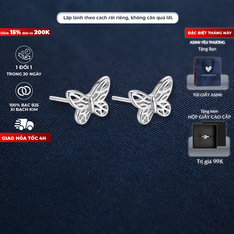 Bông tai bạc Ý S925 cánh tiên thanh thoát Asimi Ethereal Fly KT34 1