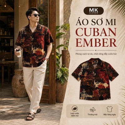 Áo Sơ Mi Cuban nam Ember MKCLEVER chất vải lanh xước mềm mịn, thoáng mát, thấm hút, chống nhăn, form rộng mặc hằng ngày