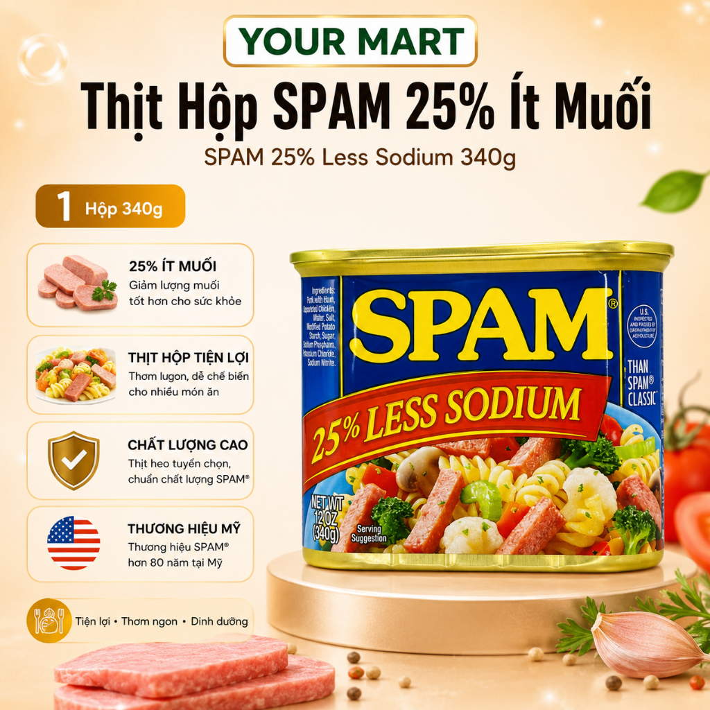 Thịt Hộp SPAM Classic & SPAM 25% Less Sodium Hàng Mỹ, Hương Vị Truyền Thống Trứ Danh