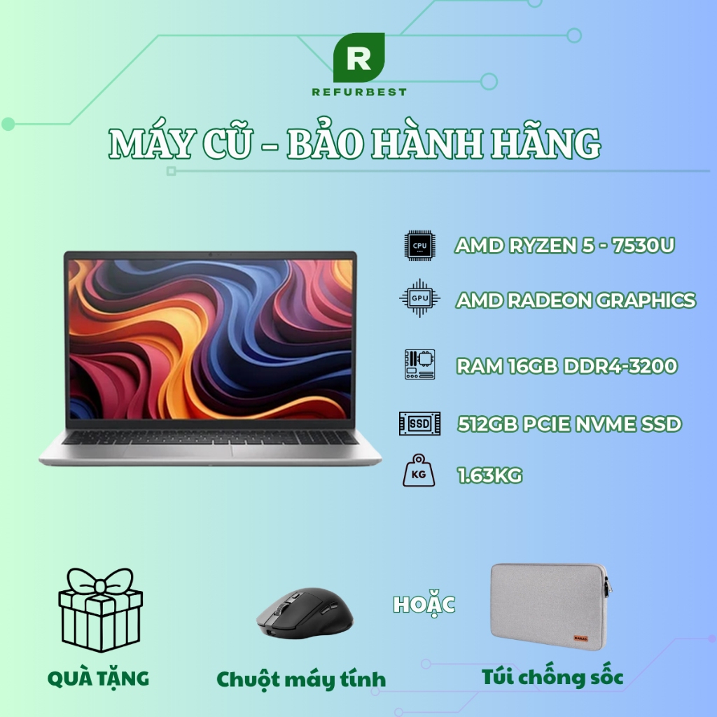 [Máy cũ] - [Trả bảo hành] Dell 15 DC15255 R5 7530U/16GB/512GB/15.6"F/120Hz/(DC5R5802W1)/ (Bạc)