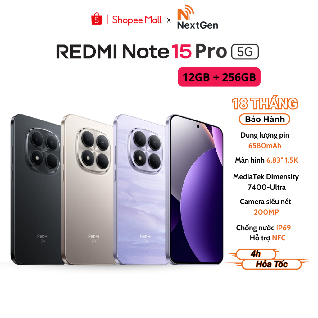 Điện thoại Xiaomi Redmi Note 15 Pro 5G 12/256GB - Màn Hình 6.83 Inch - Bảo Hành 18 Tháng