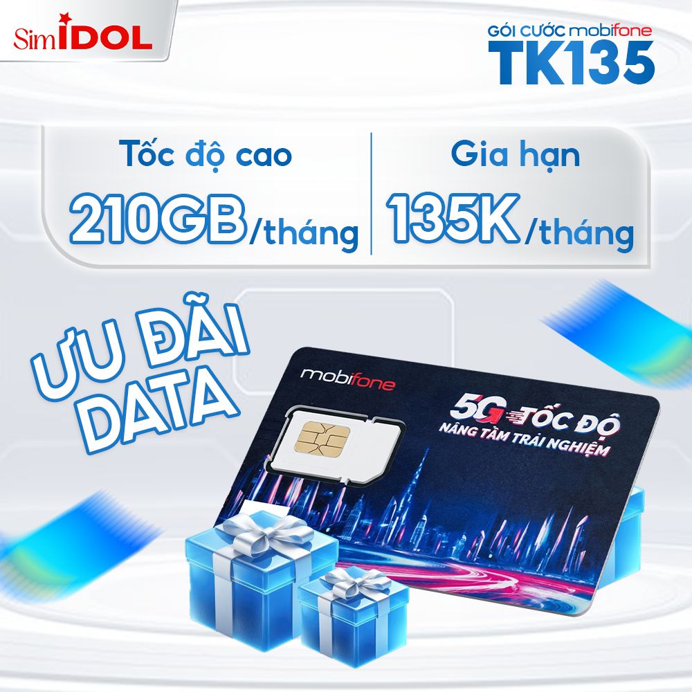 Sim MOBIFONE - Sóng 4G/5G MOBIFONE - Gói TK135 - 7GB/Ngày (210GB/Tháng) - Cước 135K/Tháng