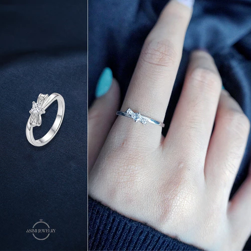 Nhẫn bạc Ý S925 nơ đính đá trái tim Asimi Coquette Amour NA29 - đeo trên mẫu