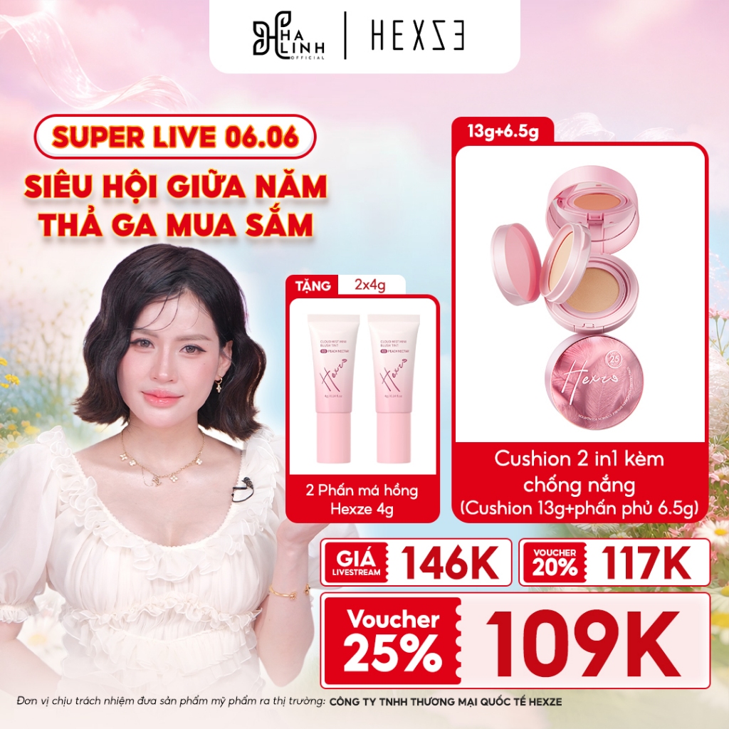 [Võ HÀ LINH X HEXZE] Cushion 2 in1 kèm chống nắng (Cushion 13g+phấn phủ 6.5g) Spf25, PA+++ TẶNG 2 MÁ
