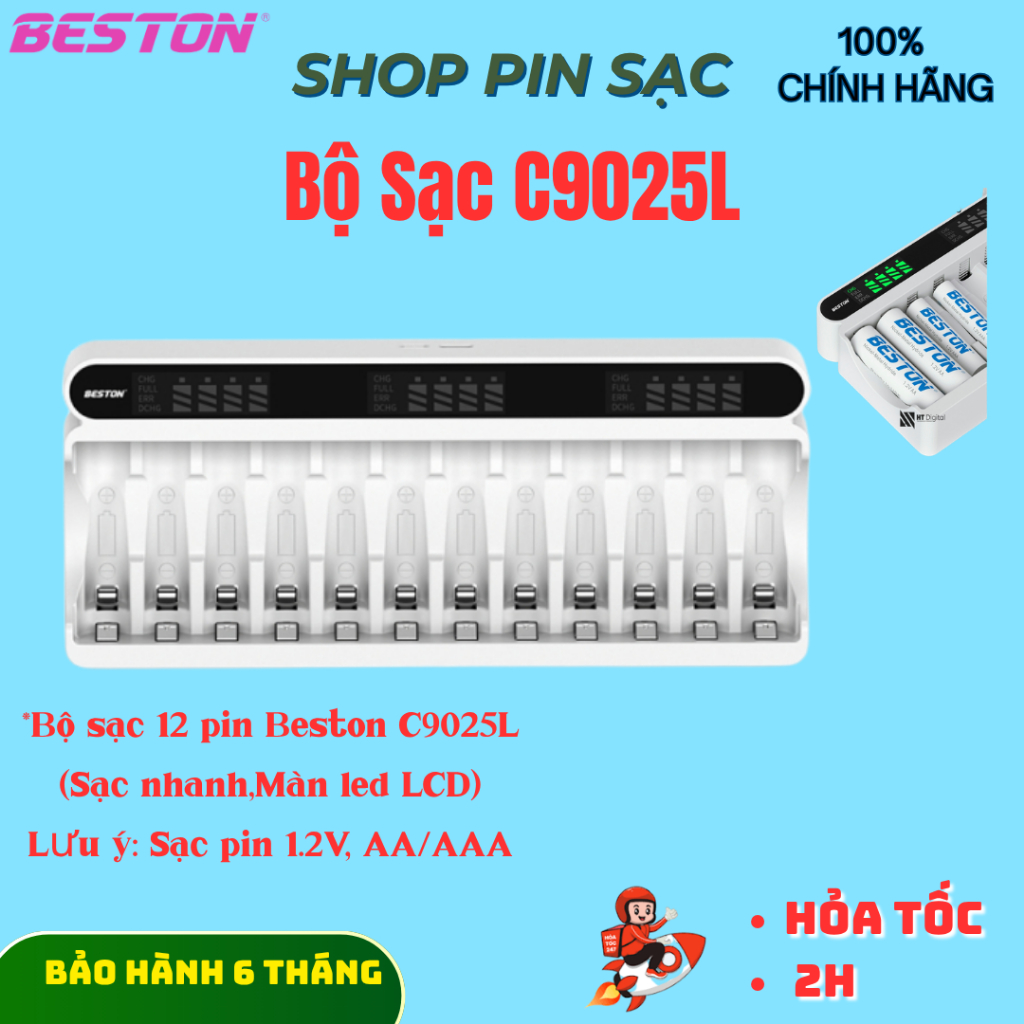 Sạc 12 slot Pin AA & AAA Beston C9025L - C9025 Ni-Mh 1.2V 12 Slot Smart LCD, pin đồ chơi,karaoke