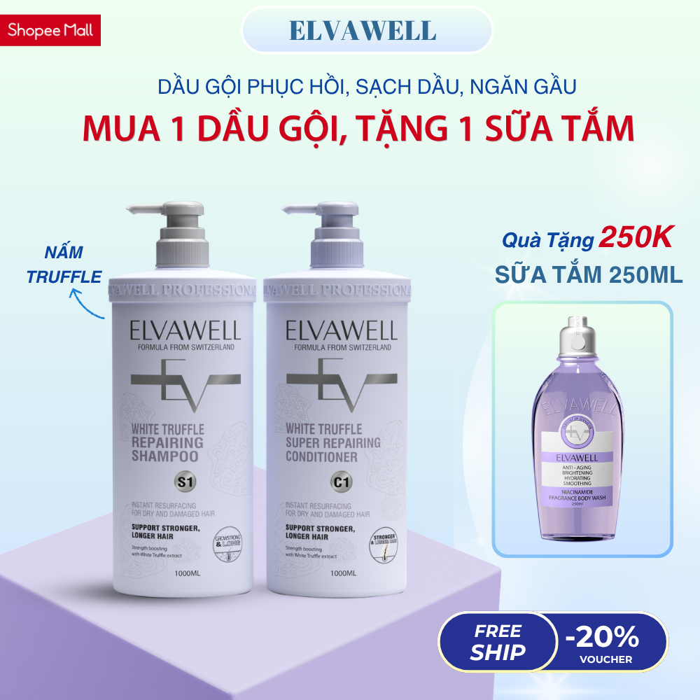 Dầu gội xả Elvawell nấm trufle sạch dầu giảm rụng dưỡng tóc suôn mượt, [Tặng sữa tắm Elvawell 250ml]
