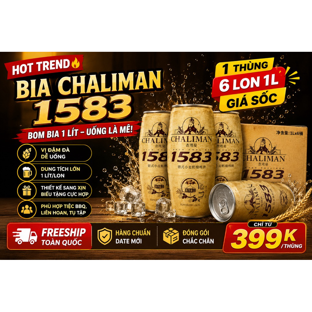 “Bia Chaliman 1583 1L Thùng 6 Lon – Bia Đức Nội Địa Trung 4.8% – Bom Bia 1 Lít Đậm Vị Dễ Uống”